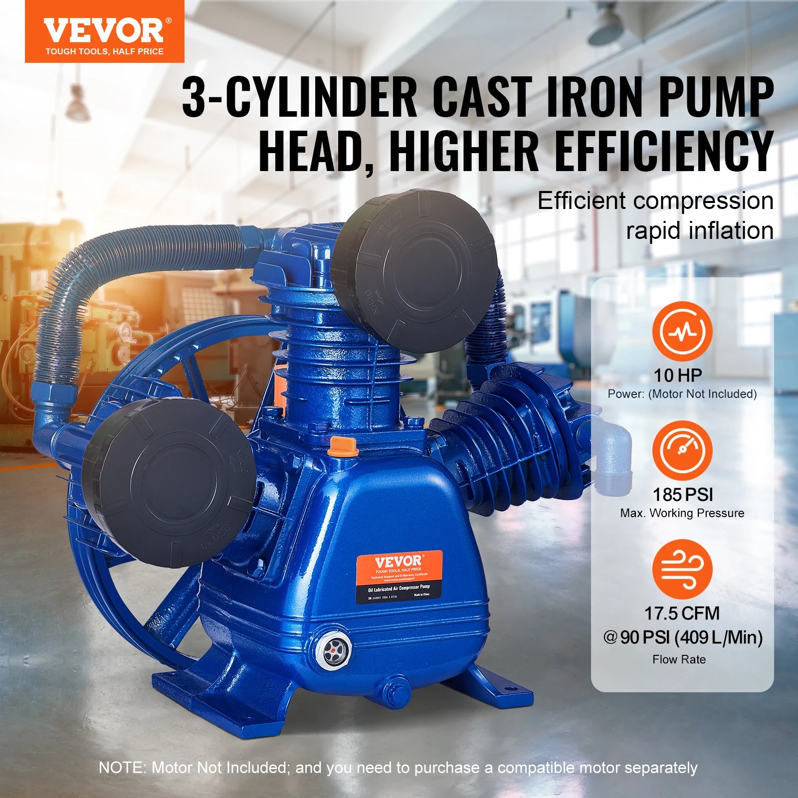 SucceBuy 10HP Air Compressor Pump Head 90PSI 3Cylinder Oil Lubricated Air Compressor Piston Head Dual Stage VType Air Compressor