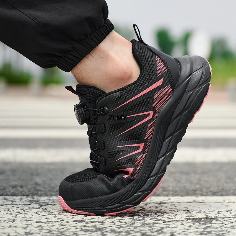New Women Safety Shoes Rotated Button Men Woman Steel Toe Sneakers Puncture Proof Anti-smash Work Safety Boots Female Industrial