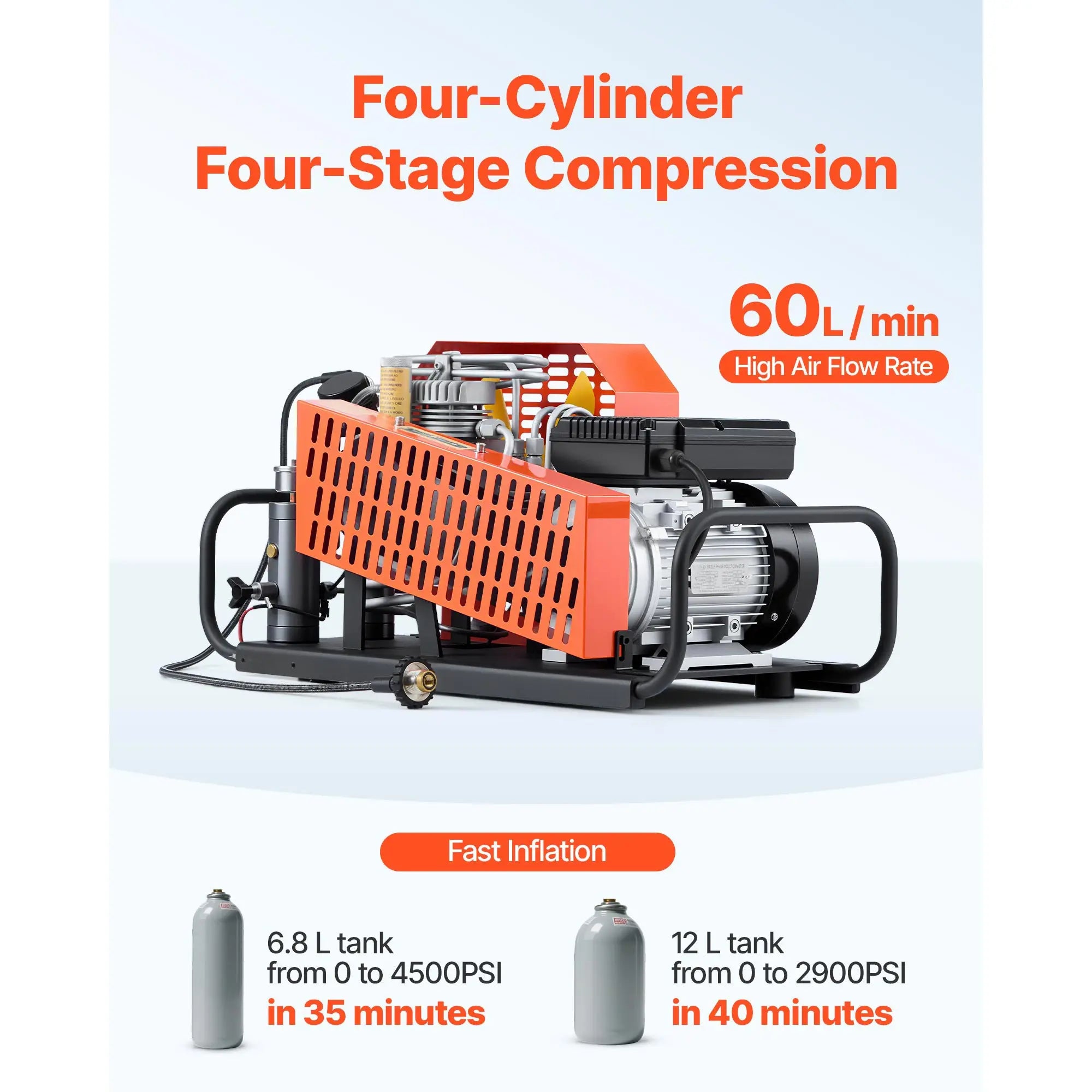 SucceBuy PCP Air Compressor 4500PSI/30Mpa Diving Scuba 60 L/min Four-Cylinder Auto Stop PCP Rifle Pump with Fan Cooling System