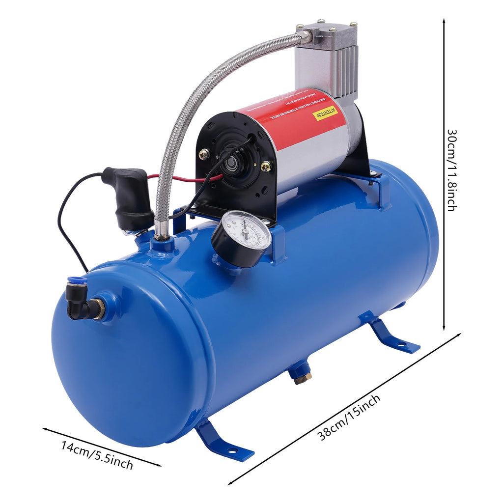 DC12V 23A Metal Air Compressor 6L Tank Capacity Blue with 3.8m Hose for Automobile Tires, Engines Fast Inflation