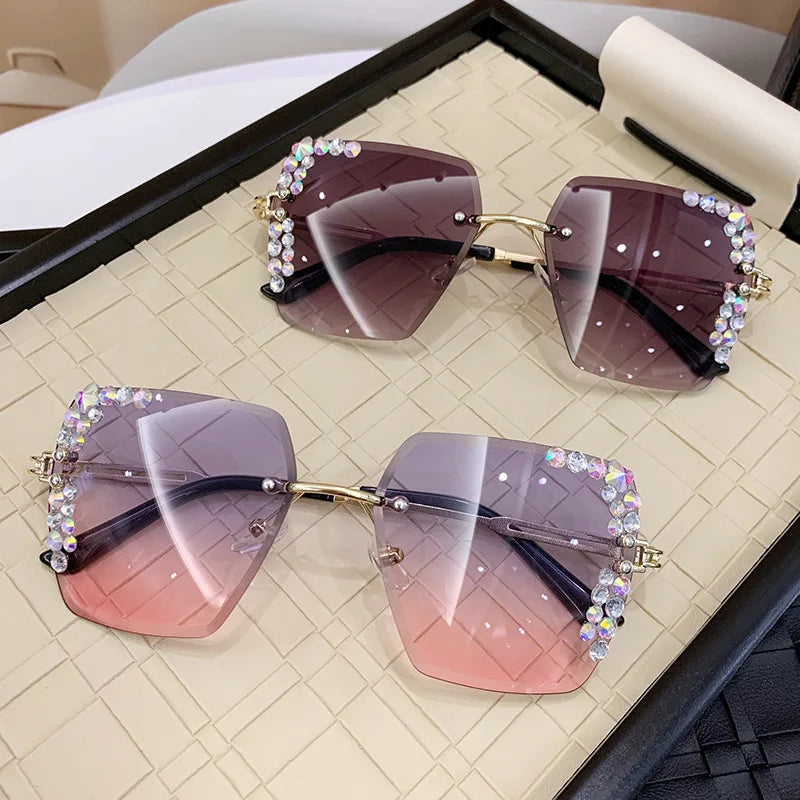 1 pair of fashionable women's square frameless gradient lens glasses with crystal decoration and metal material