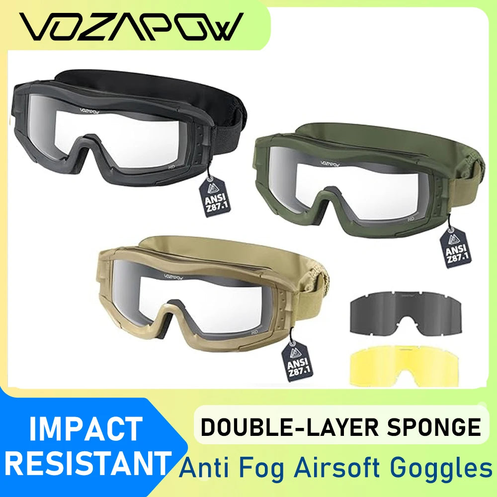 Vozapow Professional Shooting Goggles Anti Fog ANSI Z87.1 Safety Airsoft Tactical Glasses Motorcycle Mountaineering Sunglasses