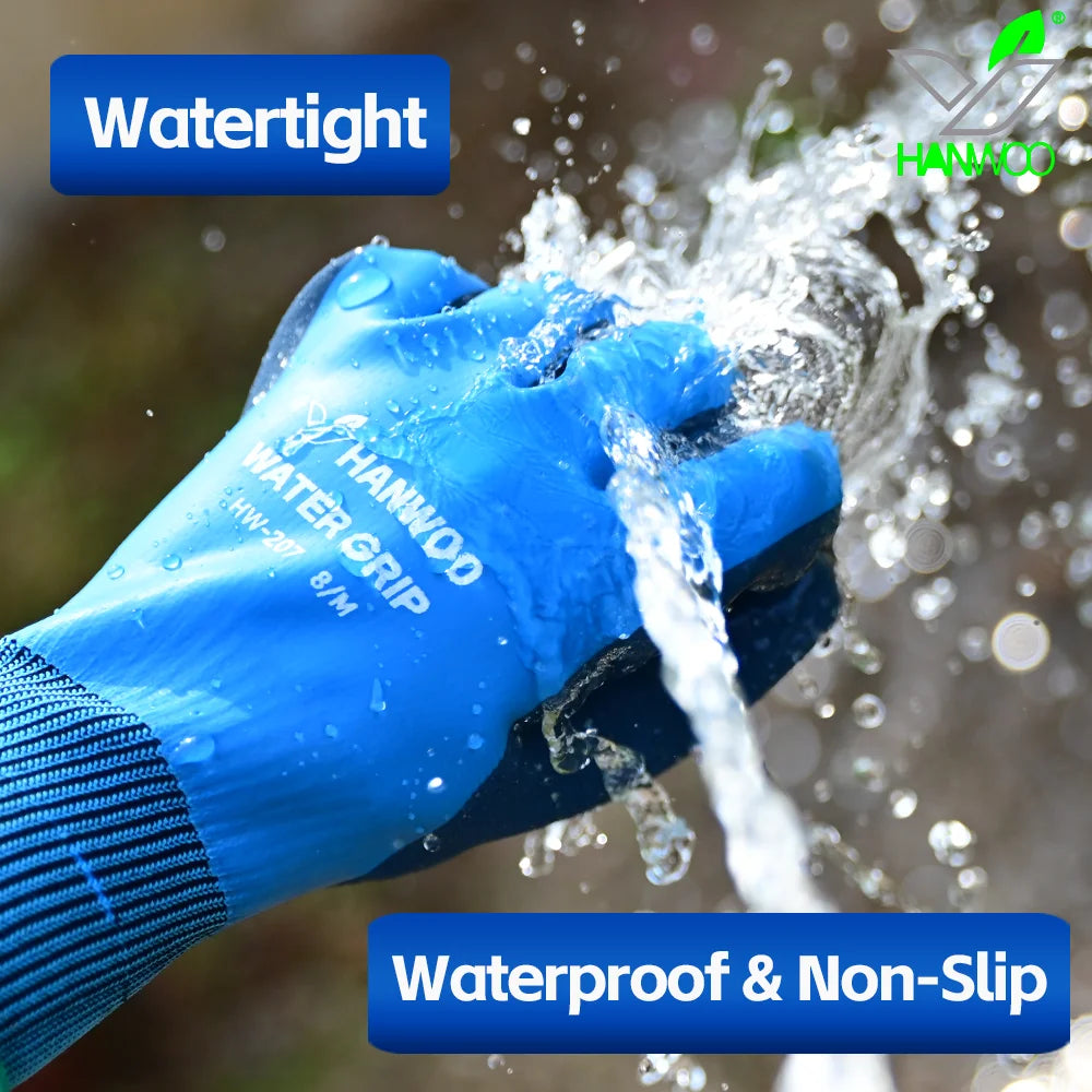 HANWOO Waterproof Safety Work Gloves, Full Latex Coating, Non-Slip and Wear-Resistant, Gardening、Fishing、Outdoor, 2 Pairs