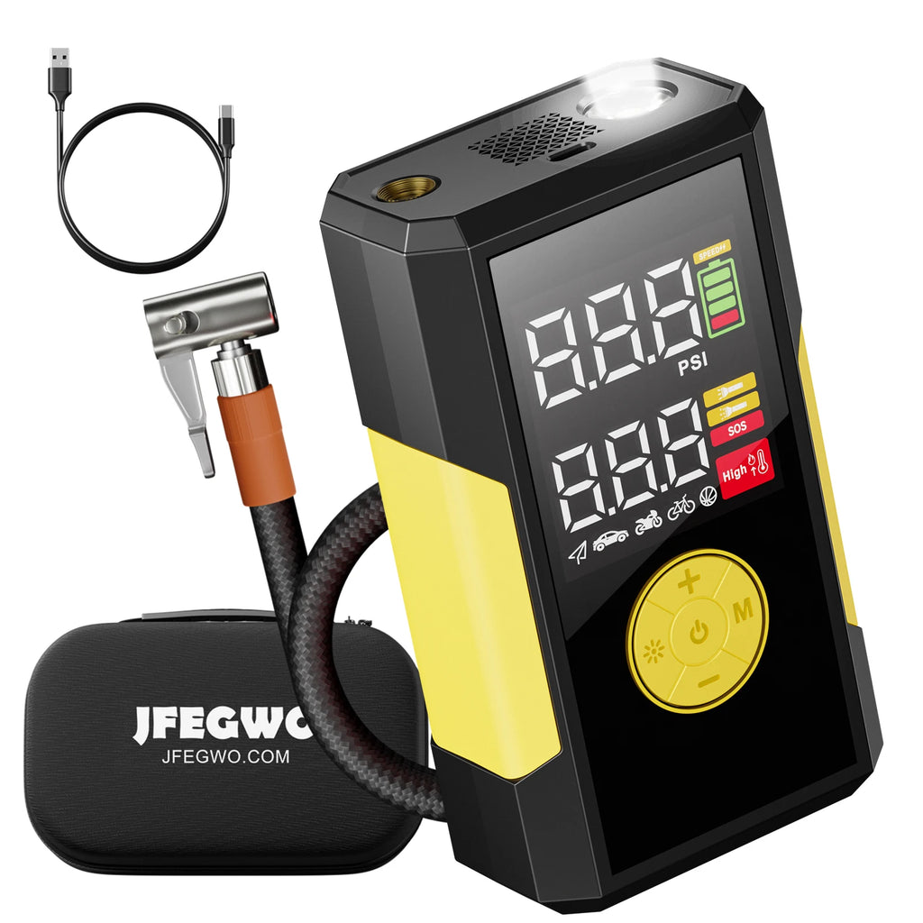 JFEGWO 3-in-1 Portable Air Pump 150PSI, Tire Inflator with Digital Display, Power Bank & LED Light for Car Motorcycle Bike Ball