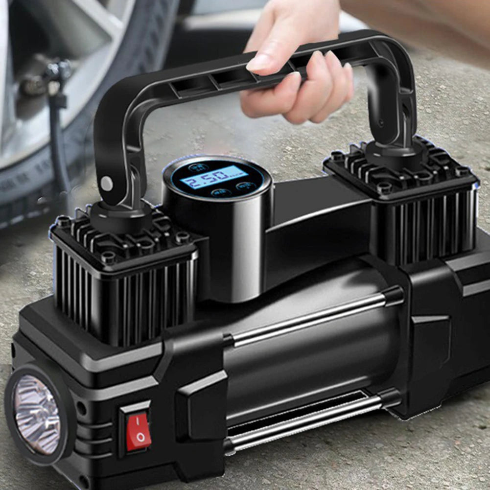 12V 150PSI Mini Air Compressor Dual Cylinder Auto Inflatable Pump with LED Light Heavy Duty Deluxe Portable Metal Air Compressor