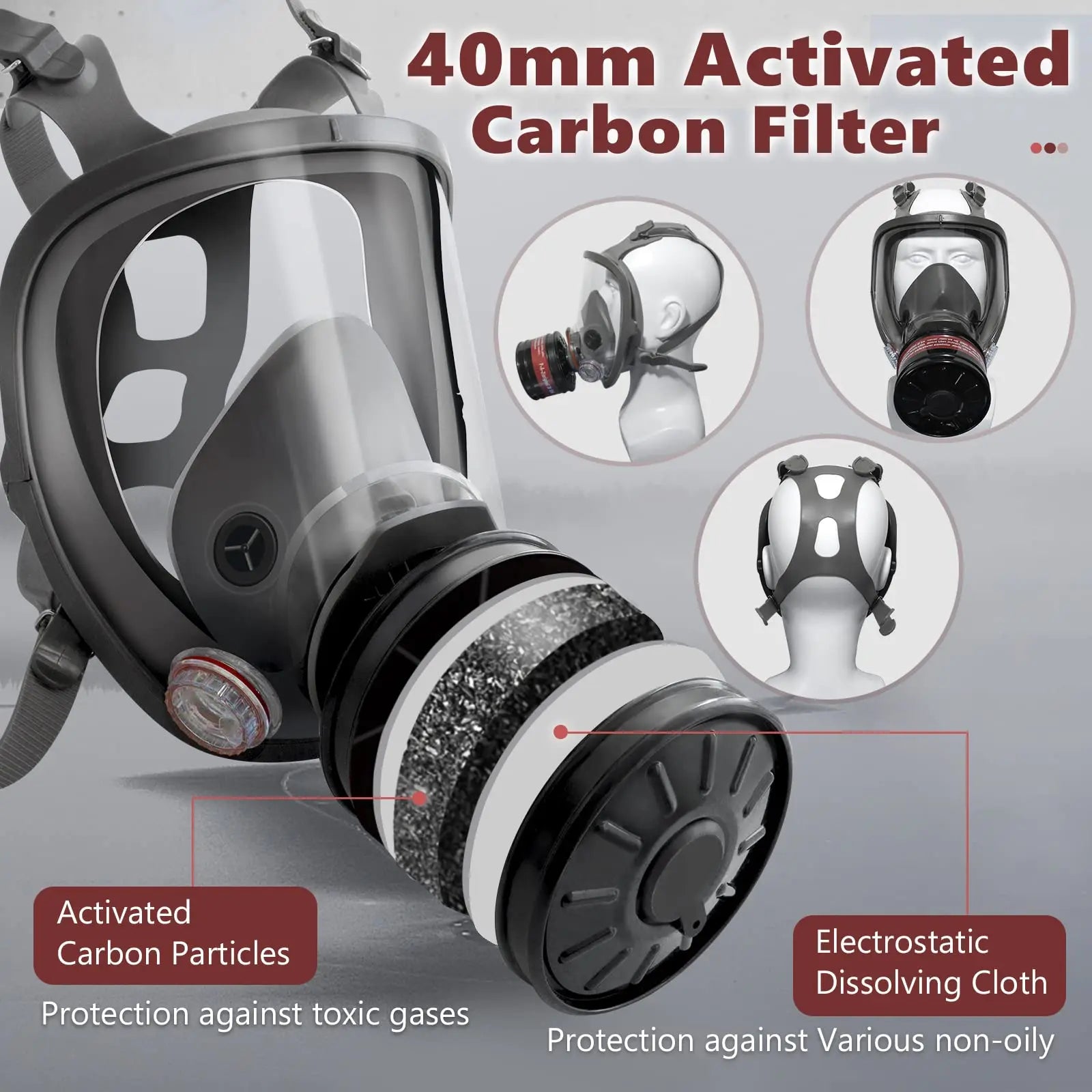 2IN1 Full Face Gas Mask Survival Chemical Respirator with 40mm Filter Activated Carbon Full Face Masks for Safety Protection