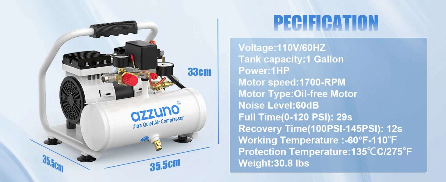 AZZUNO 500W Air Compressor Quiet Oil-free Portable Air Pump for Home Repair Tire Inflation Whisper Compressor