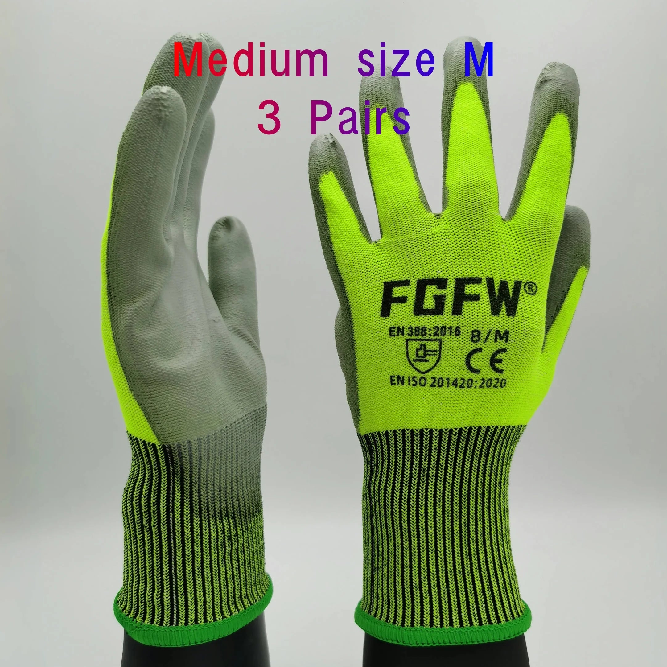 3 Pairs Military-Grade Level 5 Cut Resistant Gloves EN388/CE/ISO - HPPE Fiberglass, Anti-Slip Grip, Breathable for Industrial Sa