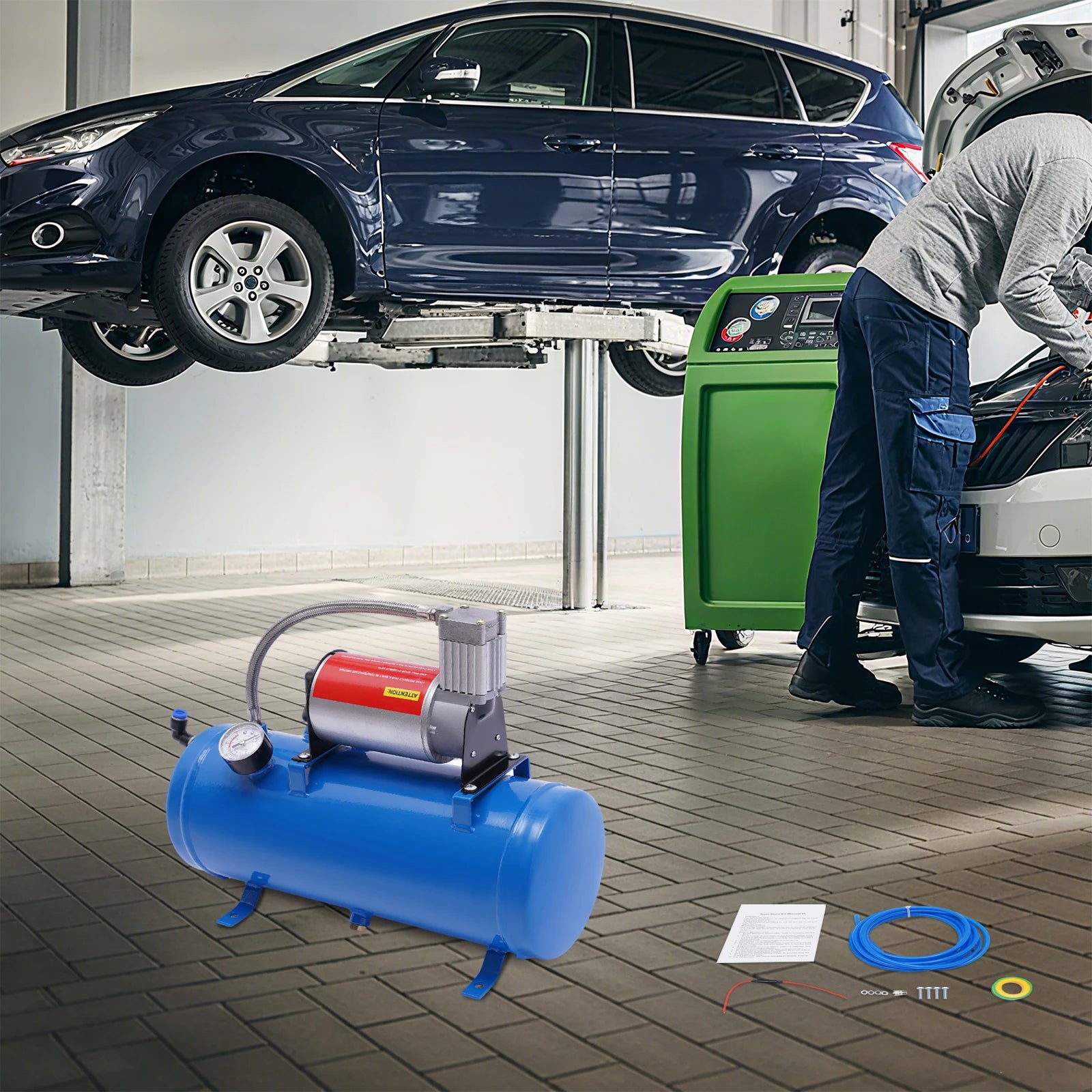 DC12V 23A Metal Air Compressor 6L Tank Capacity Blue with 3.8m Hose for Automobile Tires, Engines Fast Inflation