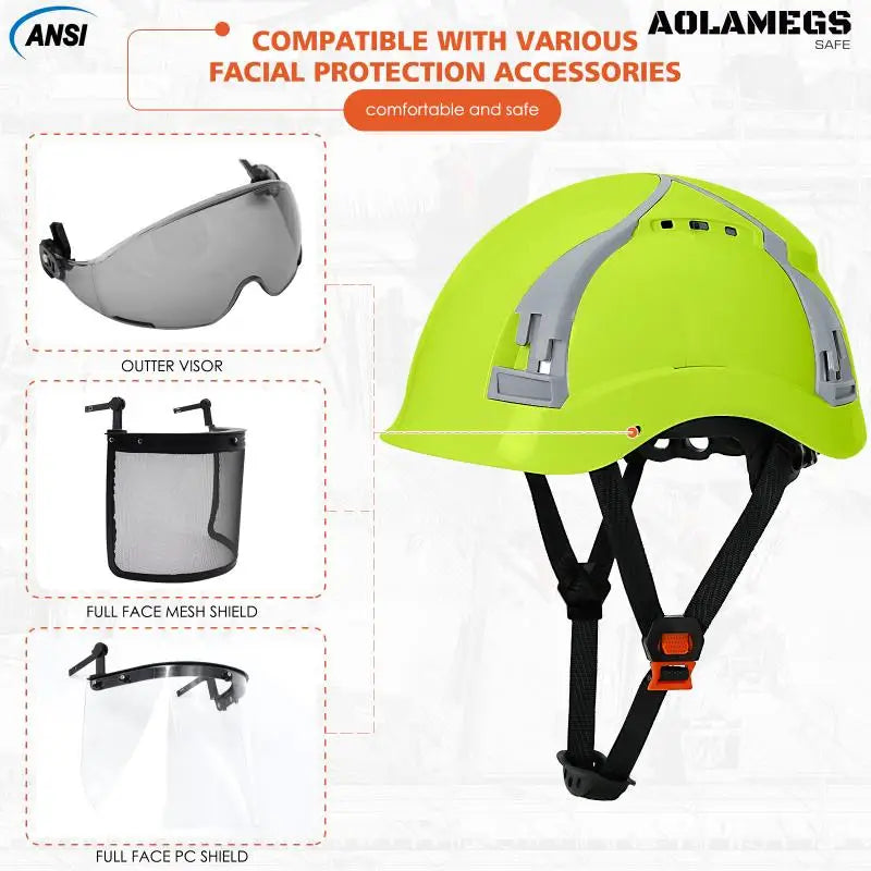 CE Safety Helmets W/ Built-in Goggles Visor Bluetooth Earmuffs ABS ANSI Engineer Industrial Hard Hat W/ Adjustable Vent Slots