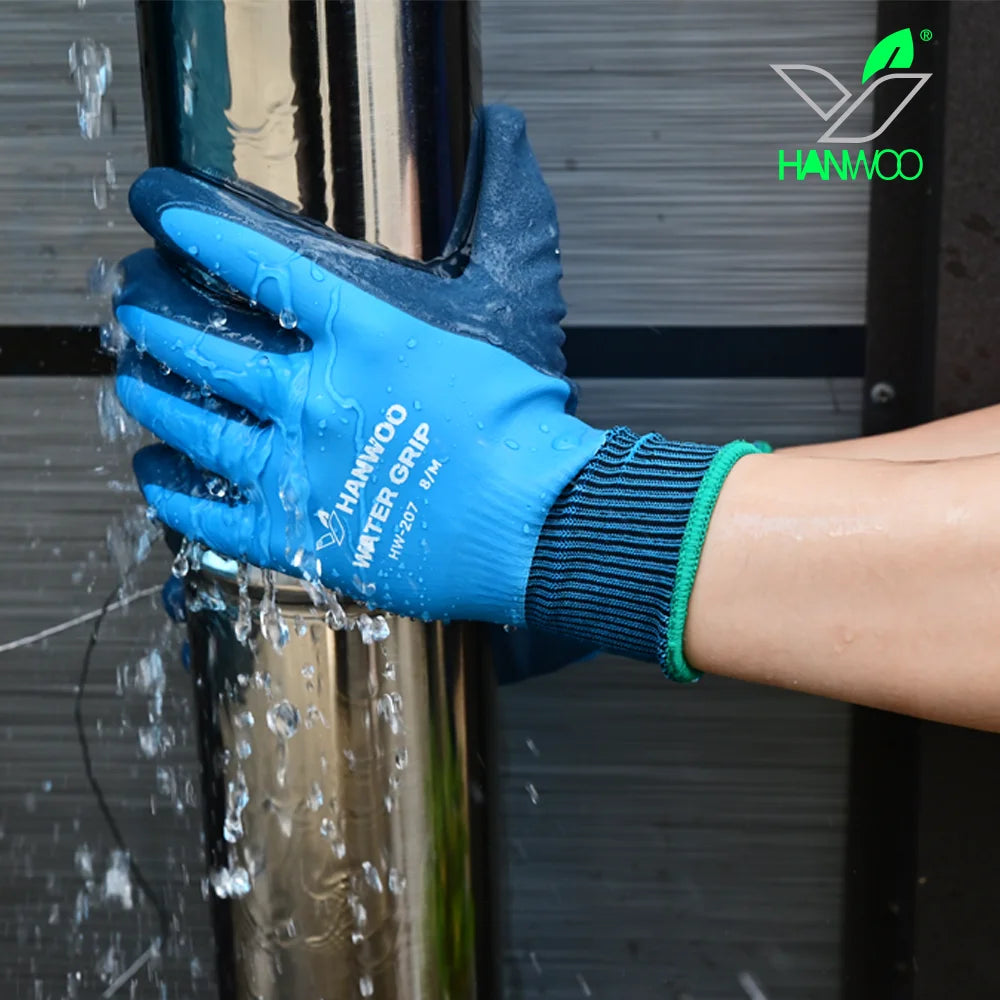 HANWOO Waterproof Safety Work Gloves, Full Latex Coating, Non-Slip and Wear-Resistant, Gardening、Fishing、Outdoor, 2 Pairs
