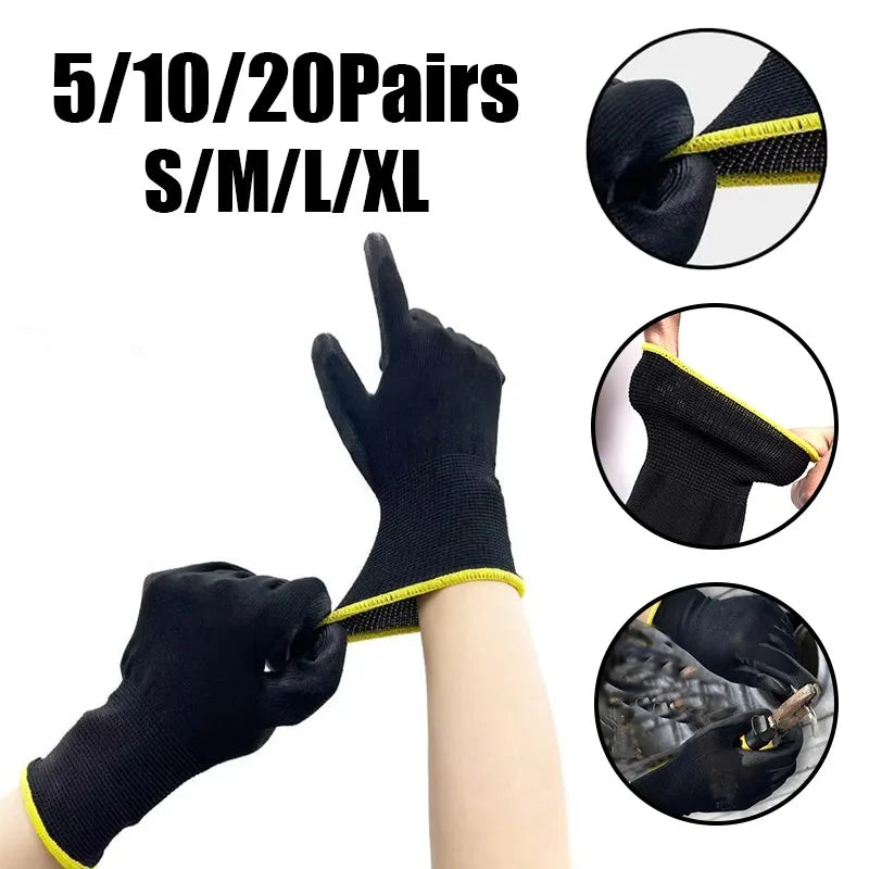 Black Nylon PU Coated Gloves Breathable Non Slip for Factory Machinery Gardening Woodworking Outdoor Safety Work Gloves 2041