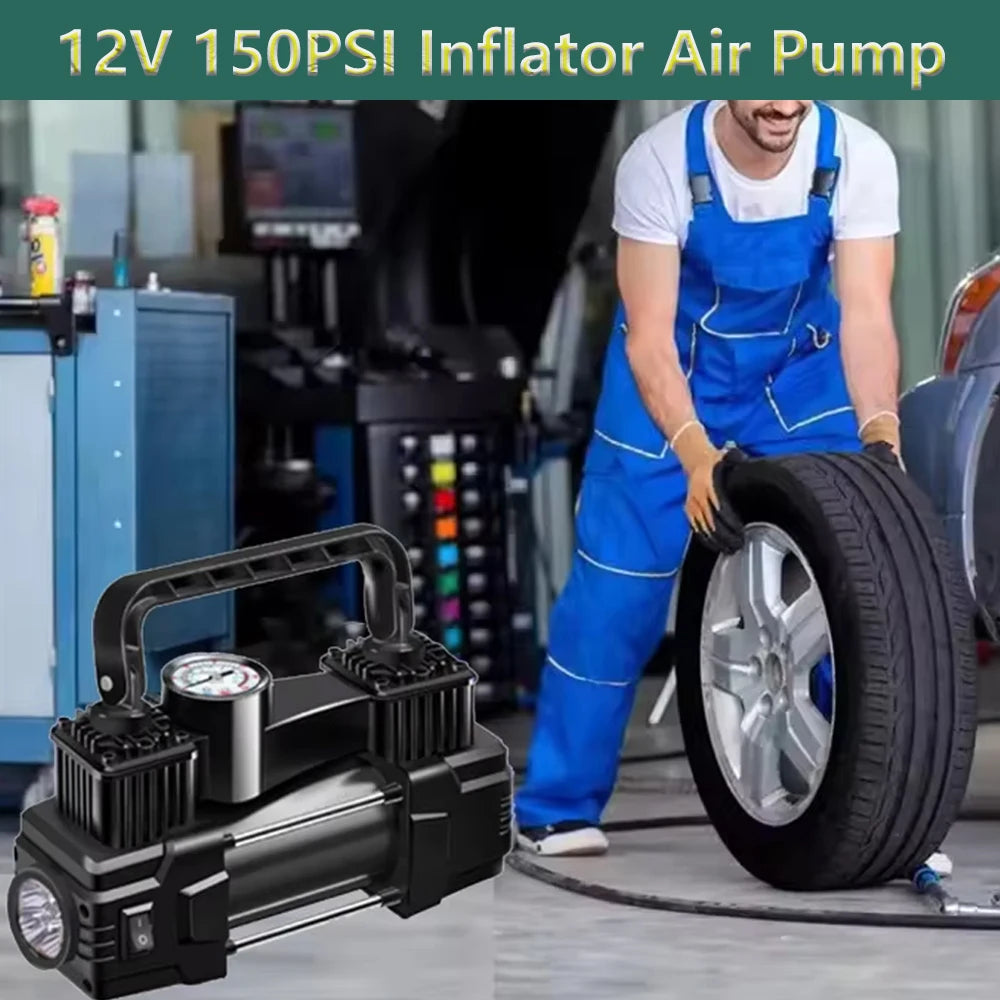 12V 150PSI Car Bicycle Motorcycle Electric Tire Inflator Air Pump Air Compressor Dual Cylinder Inflatable Tools With LED Light