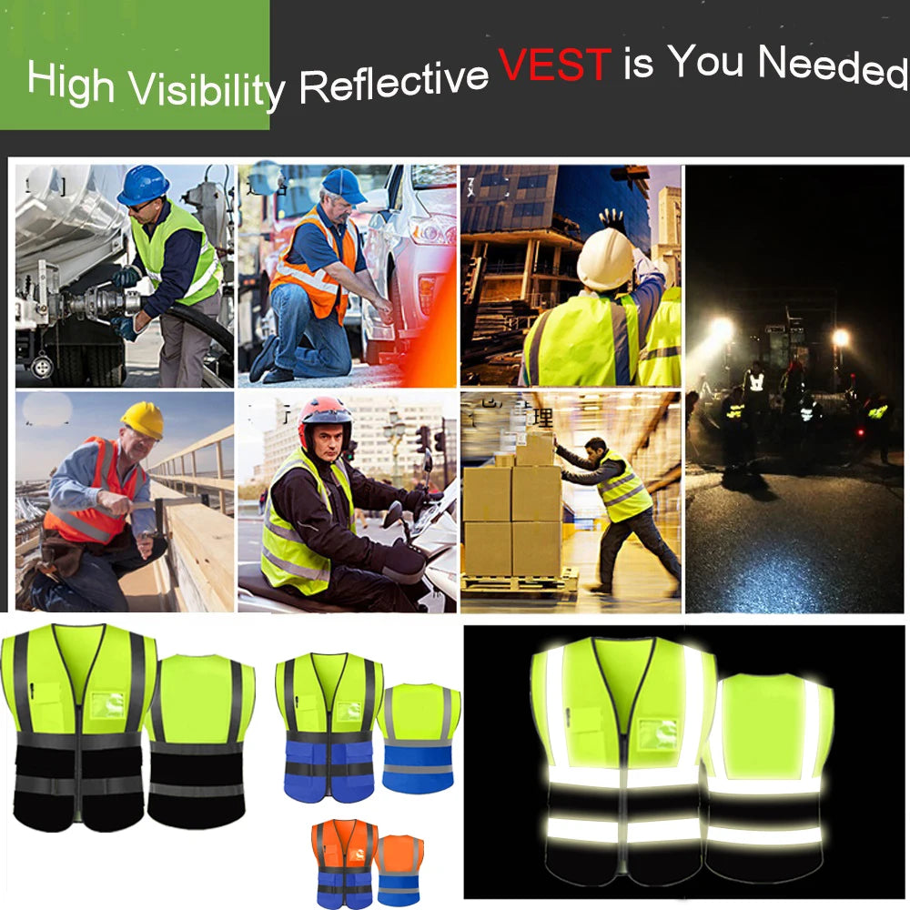 Hi Visibility Reflective Safety Vest With Reflective Strips and 5 Pockets Construction Work Uniform Vest ANSI Class 2 Standard