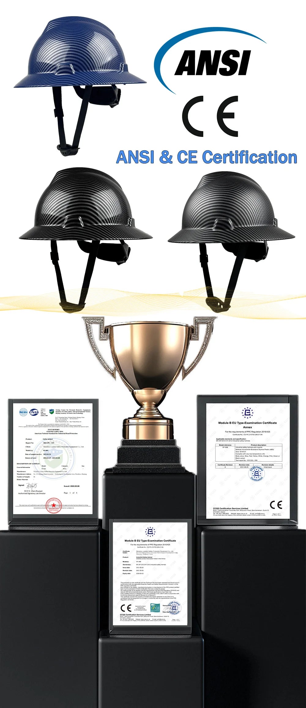 CE Full Brim Hard Hat with 6-Point Suspension HDPE Construction Safety Helmet ANSI Z89.1 Compliant for Site Safety