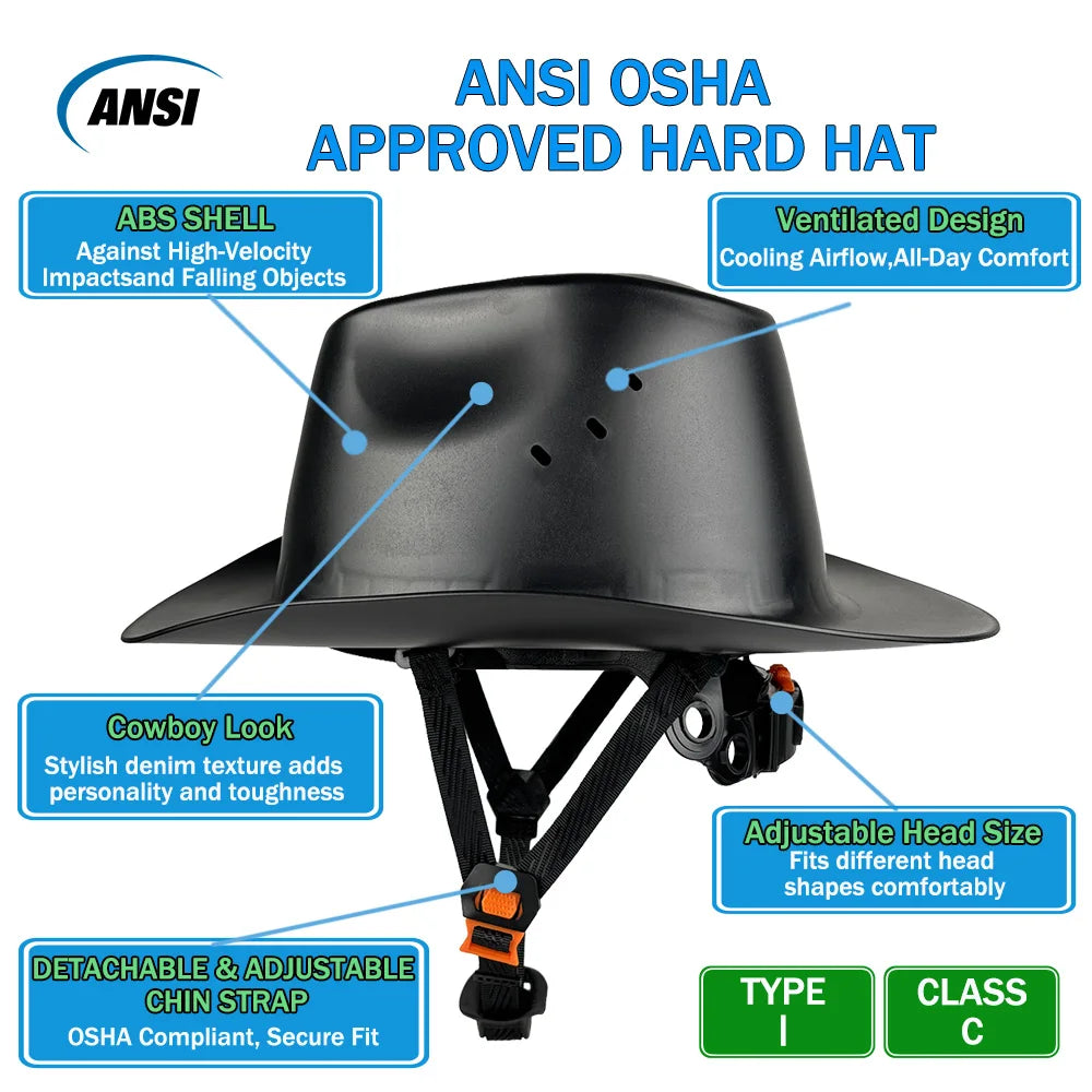 Cowboy Safety Hard Hat ANSI Z89.1 Class C Vented Full Brim Helmet for Outdoor Construction Industrial Use