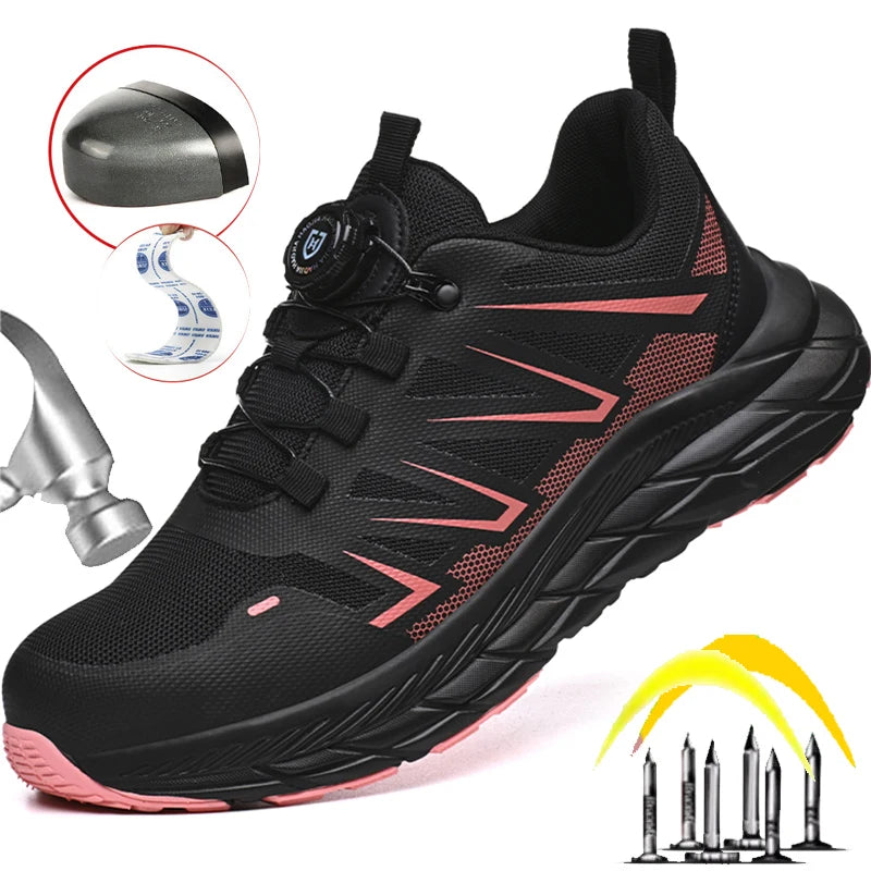 New Women Safety Shoes Rotated Button Men Woman Steel Toe Sneakers Puncture Proof Anti-smash Work Safety Boots Female Industrial
