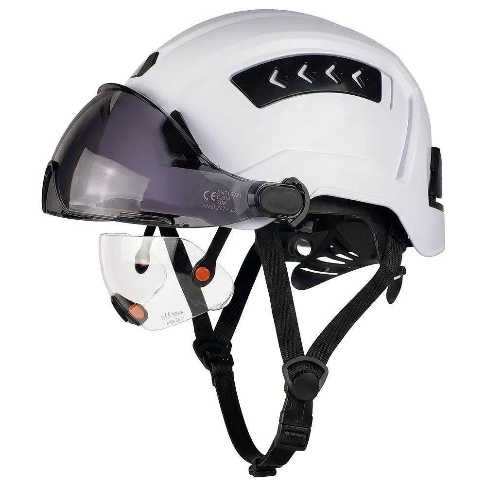 CE Safety Helmet Double Goggles Sliding Vented ABS Hard Hat Construction Site Work Cap for Industrial Engineering Protective