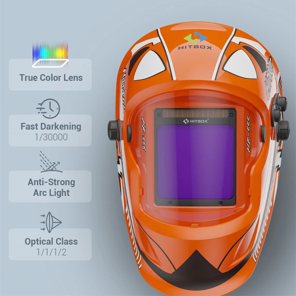 HITBOX HB555 Welding Helmet Auto Darkening 3.9x3.1 inch Large Viewing Welding Hood True Color Solar Battery Powered Welder Mask