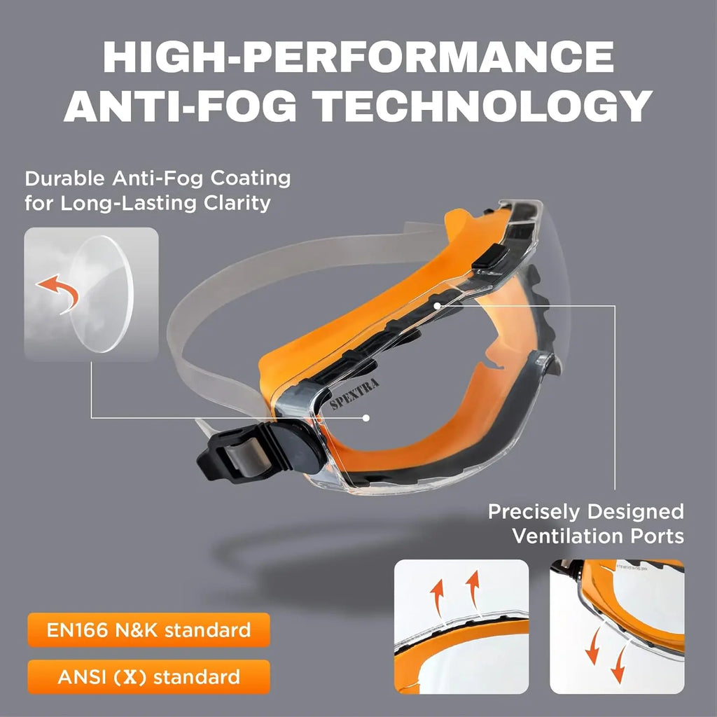 Anti-Fog Safety Goggles Over Glasses, ANSI Z87.1 Impact & UV Protection, Adjustable Headband for Men Women