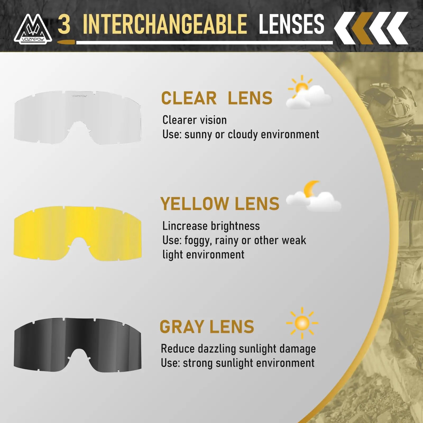 Vozapow Professional Shooting Glasses Anti Fog Impact Resistant Safety Sunglasses UV400 Mountaineering Airsoft Tactical Goggles