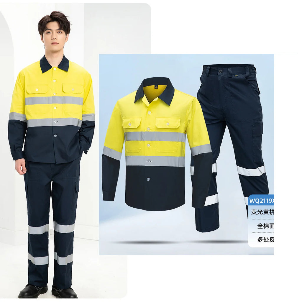 100% Cotton Reflective Safety Work Suit Hi Vis Work Coverall Traffic Road Clothing Construction Engineer Protective Work Uniform