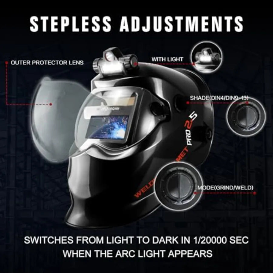 Auto Darkening Welding Helmet with Light Solar Powe True Color Welding Hood 2 Arc Sensor Wide Shade 9-13 Welding Mask with Extr