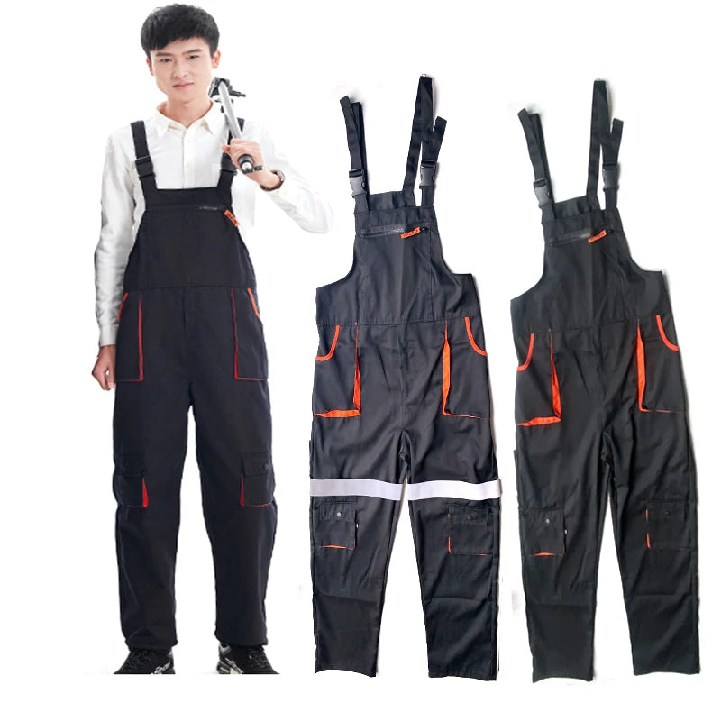 Reflective Bib Overalls Mens Women Work Clothing Protective Coveralls Strap Jumpsuit Multi Pockets Uniform Sleeveless Cargo Pant