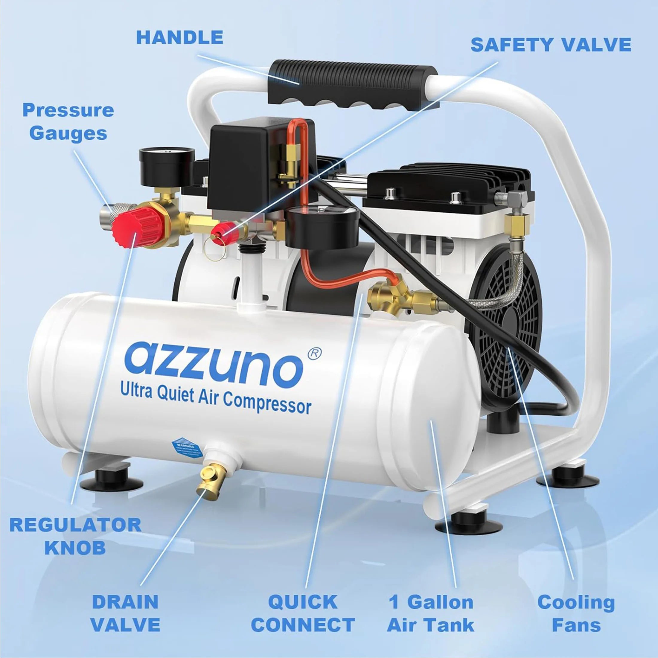 AZZUNO 500W Air Compressor Quiet Oil-free Portable Air Pump for Home Repair Tire Inflation Whisper Compressor