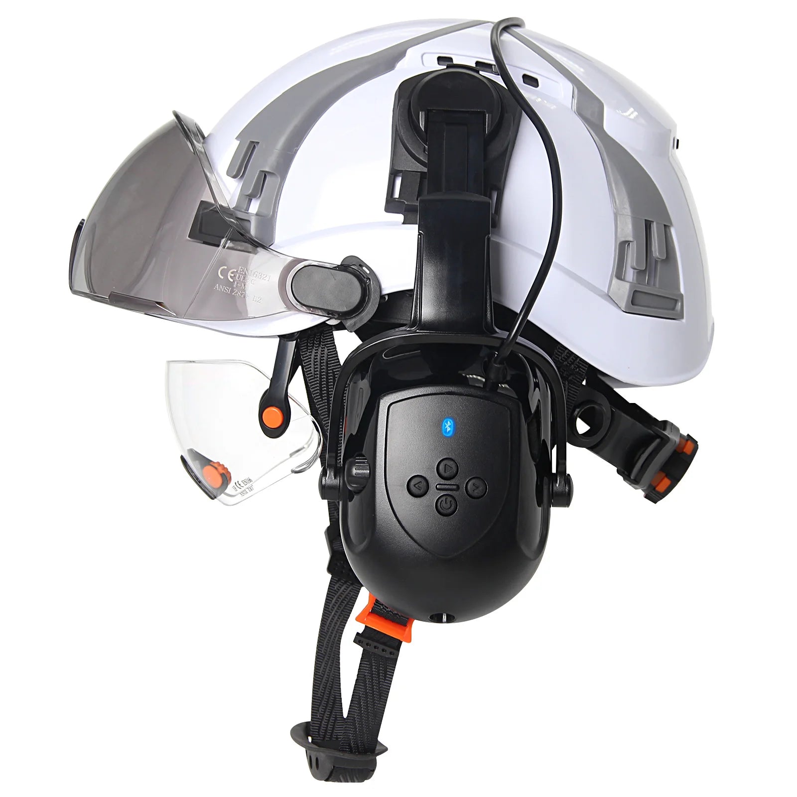 CE Safety Helmets W/ Built-in Goggles Visor Bluetooth Earmuffs ABS ANSI Engineer Industrial Hard Hat W/ Adjustable Vent Slots