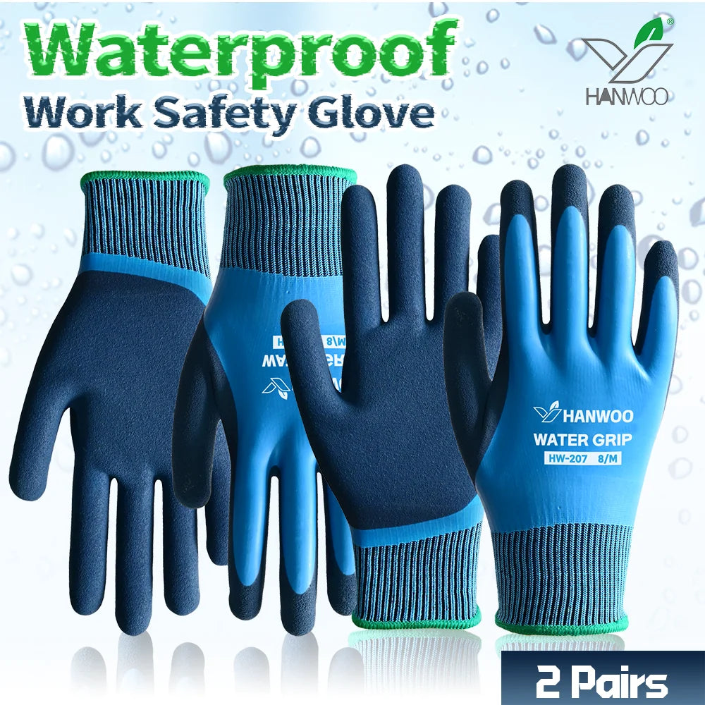 HANWOO Waterproof Safety Work Gloves, Full Latex Coating, Non-Slip and Wear-Resistant, Gardening、Fishing、Outdoor, 2 Pairs