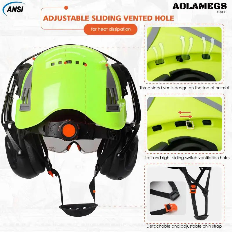 CE Safety Helmets W/ Built-in Goggles Visor Bluetooth Earmuffs ABS ANSI Engineer Industrial Hard Hat W/ Adjustable Vent Slots