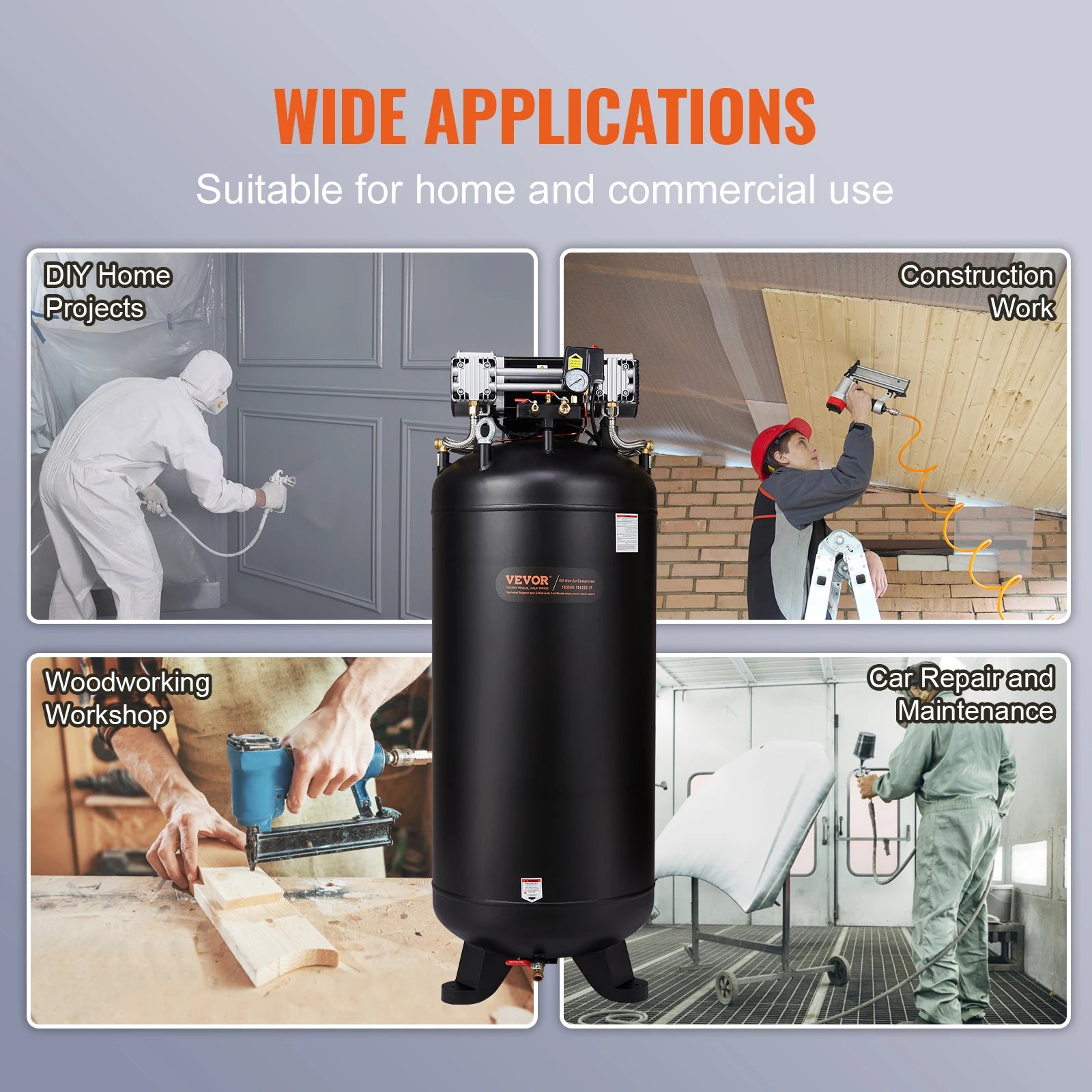 VEVOR 80 Gallon Air Compressor 6.5HP 145PSI Oil Free Air Compressor Ultra Quiet Compressor for Industrial Sites Auto Repair