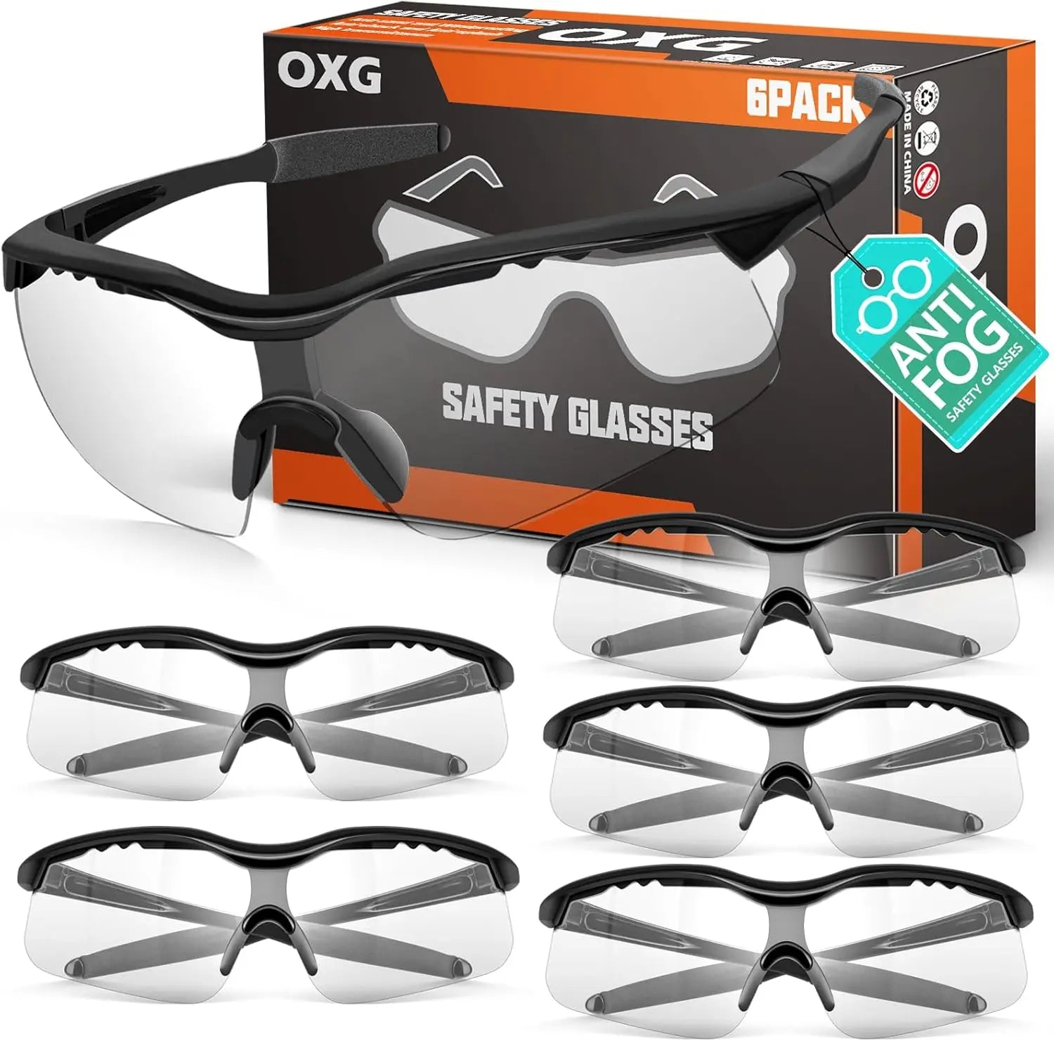 6-Pack Anti-Fog Safety Glasses, ANSI Z87+ Impact & Scratch Resistant for Work, Lab, Construction