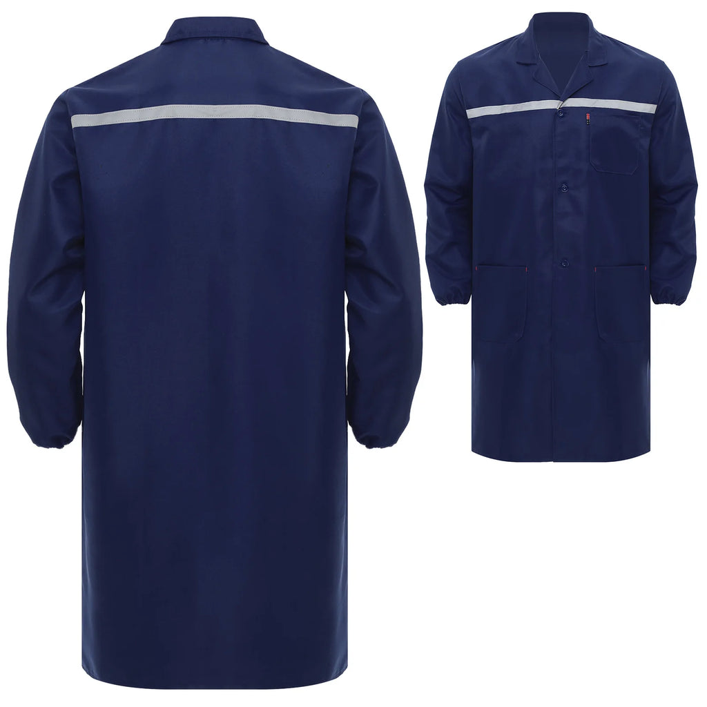 Mens Womens Factory Workshop Uniform Long Sleeve Pockets Button-up Coverall Reflective Strips Long Workwear Wear-resistant Coat