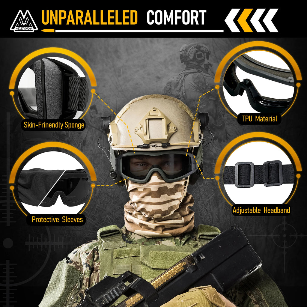 Vozapow Professional Shooting Goggles Anti Fog ANSI Z87.1 Safety Airsoft Tactical Glasses Motorcycle Mountaineering Sunglasses