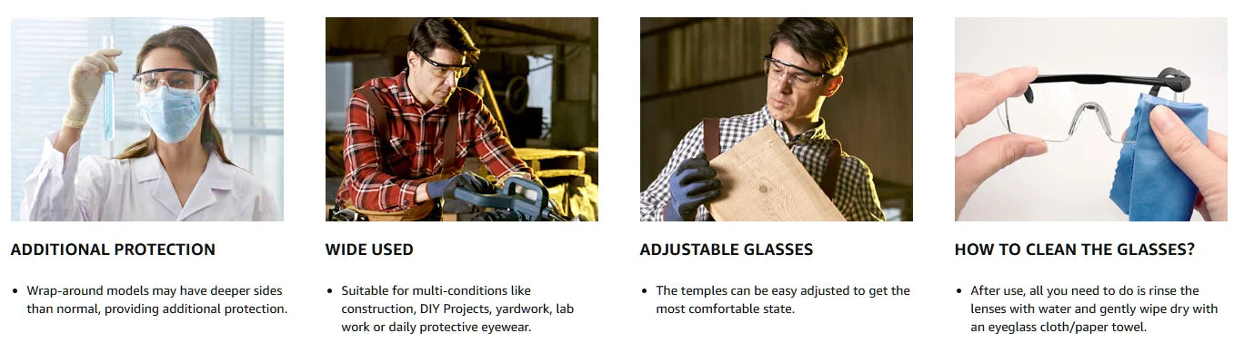 2 Pack Safety Glasses for Men and Women, Adjustable Lab Goggles, UV Protection ANSI Z87 Anti-fog Eyewear Clear Wraparound