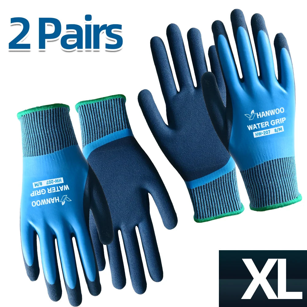 HANWOO Waterproof Safety Work Gloves, Full Latex Coating, Non-Slip and Wear-Resistant, Gardening、Fishing、Outdoor, 2 Pairs