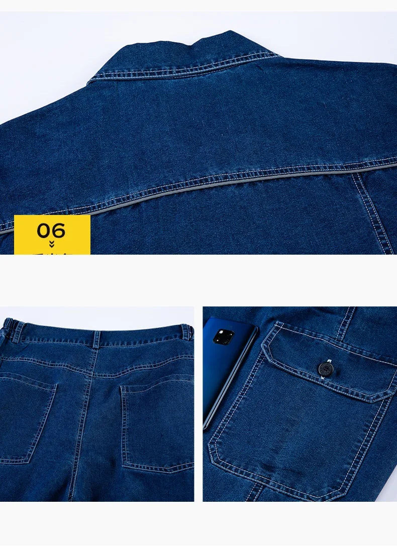 Summer Denim work clothes for men women Reflective stripe safety working Uniform Mechanic repairman worker Coverall welding Suit