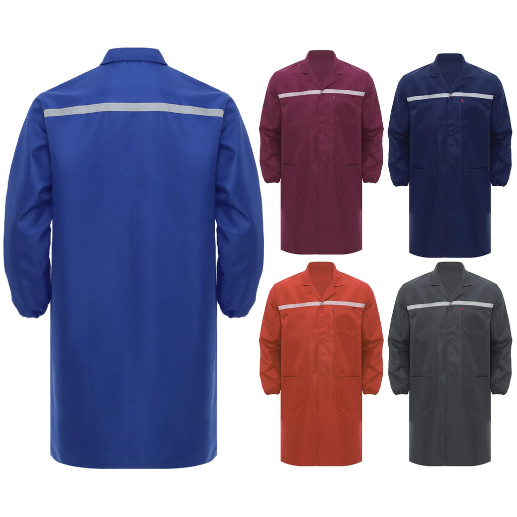Mens Womens Factory Workshop Uniform Long Sleeve Pockets Button-up Coverall Reflective Strips Long Workwear Wear-resistant Coat