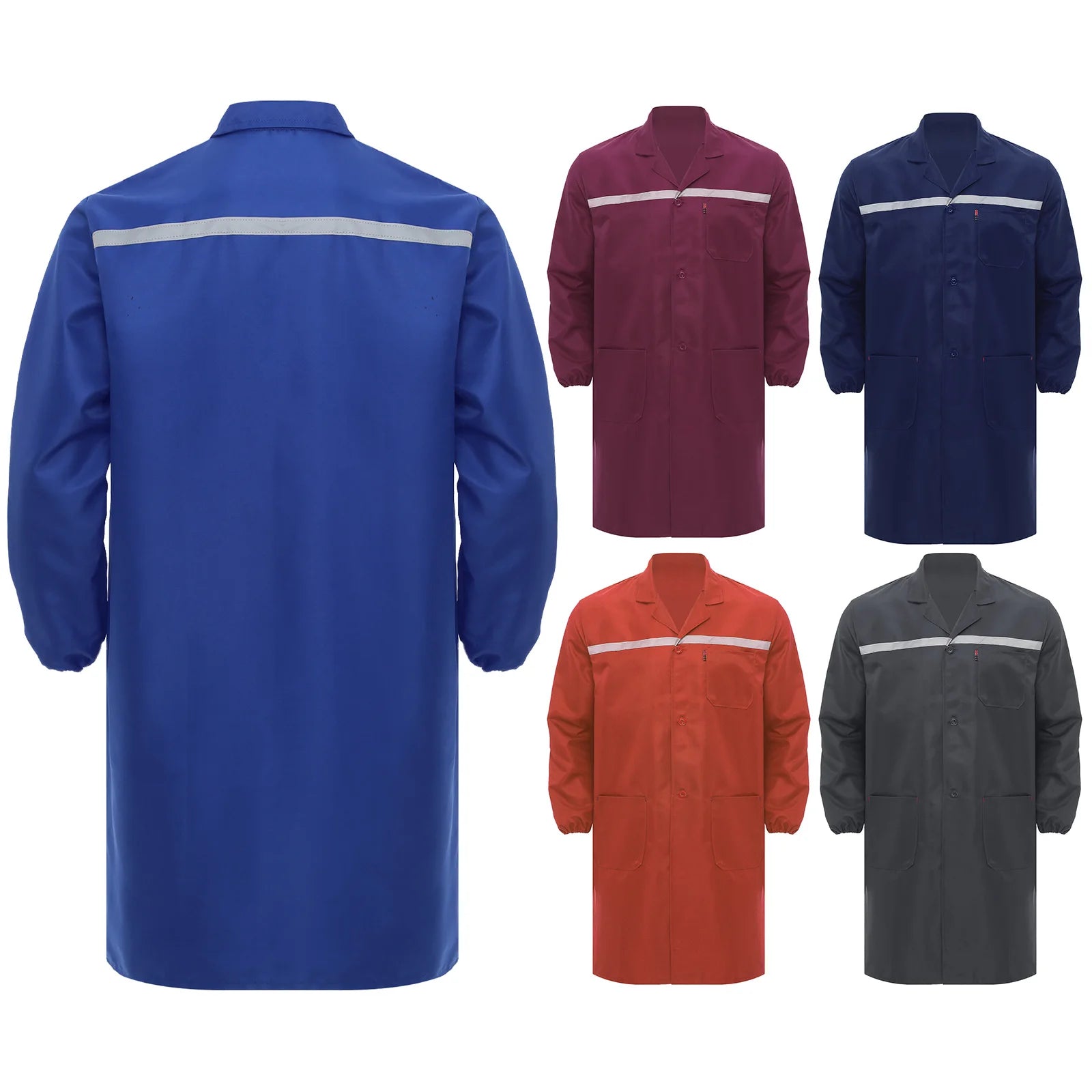 Mens Womens Factory Workshop Uniform Long Sleeve Pockets Button-up Coverall Reflective Strips Long Workwear Wear-resistant Coat