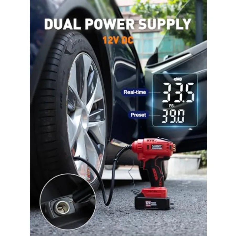 - Car Tire Inflator Portable Air Compressor 20V/12V Dual-Power Cordless Air Pump with 150 PSI Max Pressure and Smart Auto-Stop