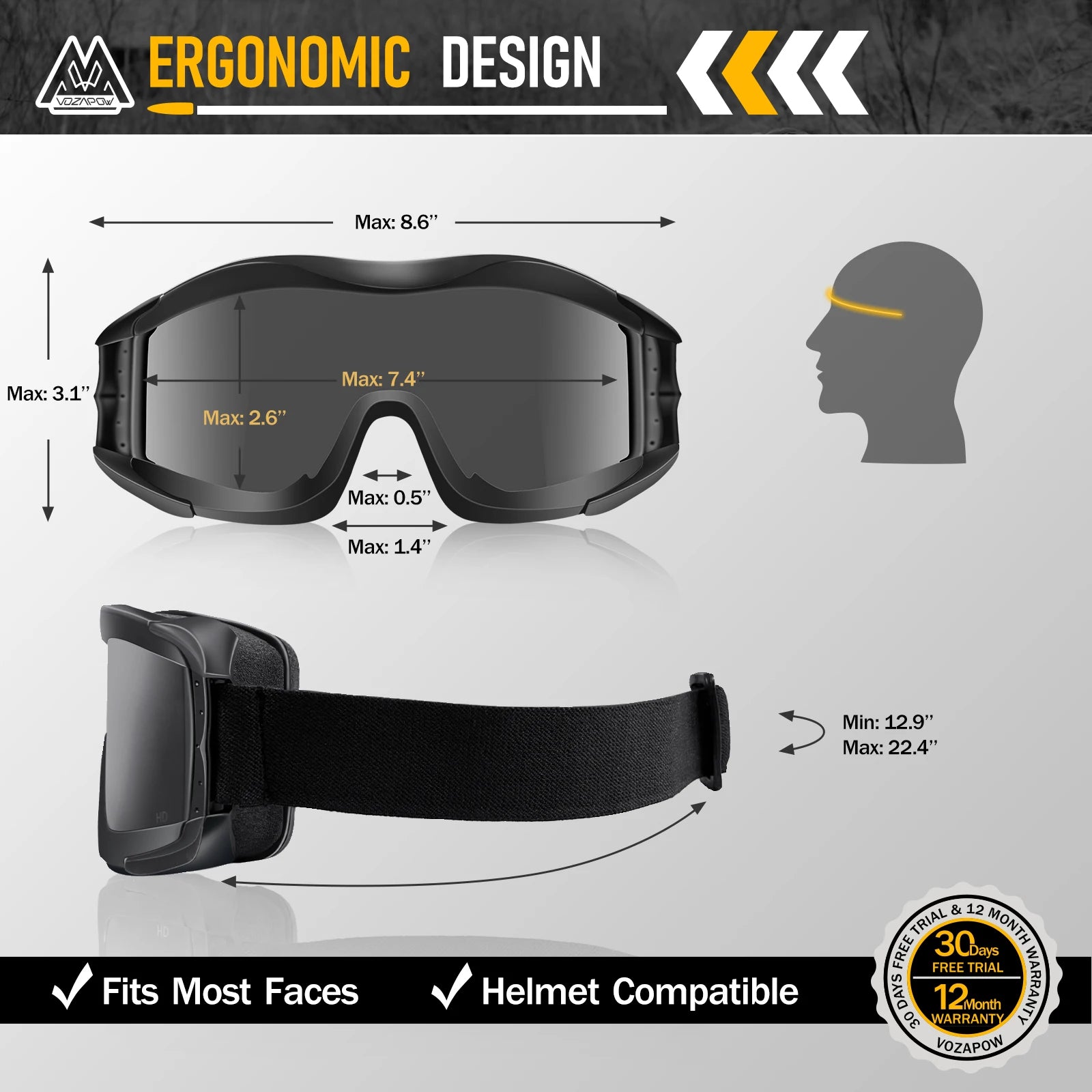 Vozapow Professional Shooting Goggles Anti Fog ANSI Z87.1 Safety Airsoft Tactical Glasses Motorcycle Mountaineering Sunglasses