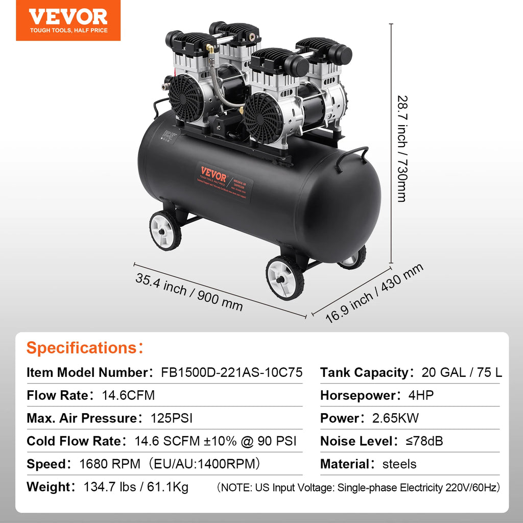 SucceBuy Air Compressor 750W/1450W/3000W Oil Free Air Compressor Quiet Portable Compressor Pump for Auto Repair Tire Inflation