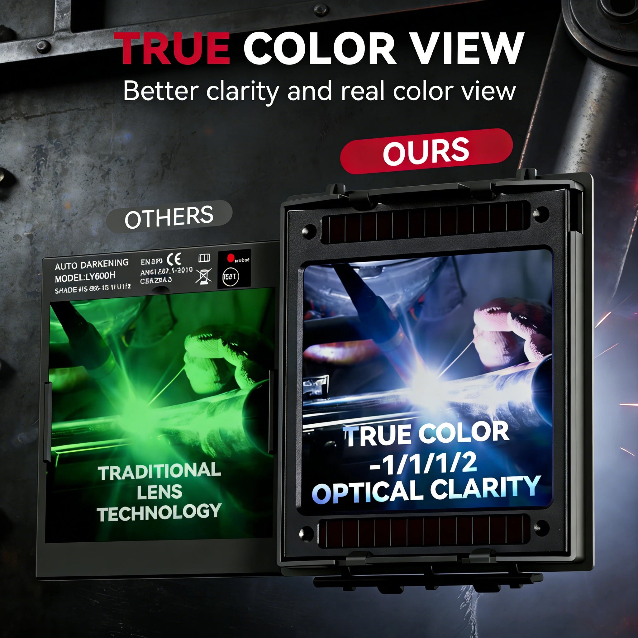 Large view 10 cm x 9.3 cm true color automatic darkening welding helmet with light, solar welding hood,4 arc sensors wide lampsh