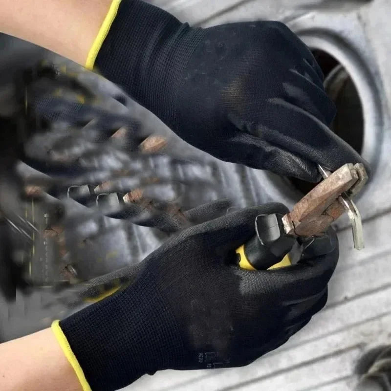 Black PU Coated Work Gloves Breathable Non Slip for Factory Machinery Gardening Woodworking Outdoor Work Repair Supplies 2041