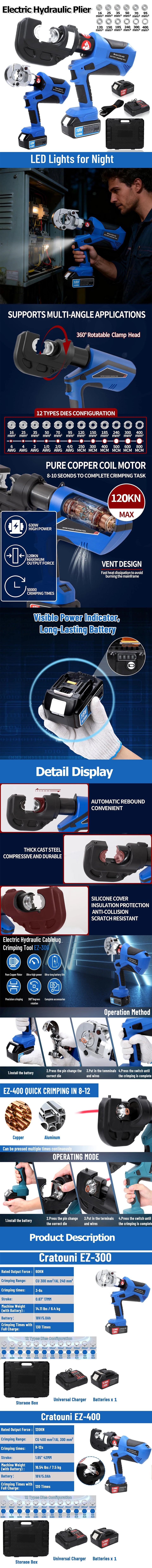 EZ-300 EZ-400 Electric Hydraulic Plier w Battery Handheld Rechargeable Cable Copper Aluminum Terminal Crimping Tool & 12Set Mold
