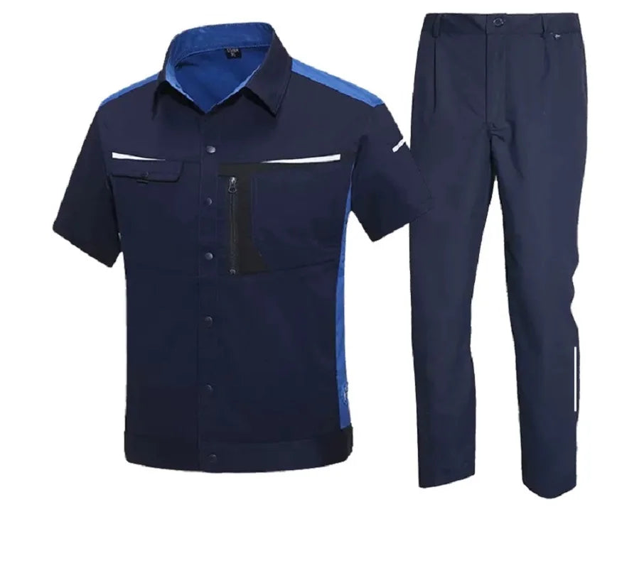 Summer Fashion Work Clothing Stretchy Anti Static Auto Repairman Worker Uniform Contrast Color Reflective Stripe Safety Coverall