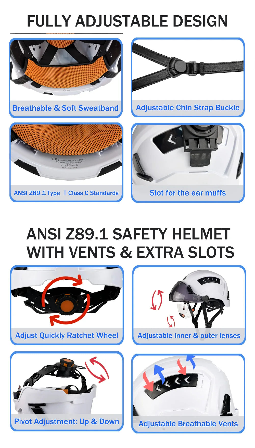 CE Safety Helmet Double Goggles Sliding Vented ABS Hard Hat Construction Site Work Cap for Industrial Engineering Protective