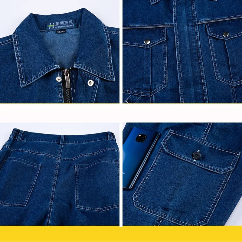 Summer Denim work clothes for men women Reflective stripe safety working Uniform Mechanic repairman worker Coverall welding Suit